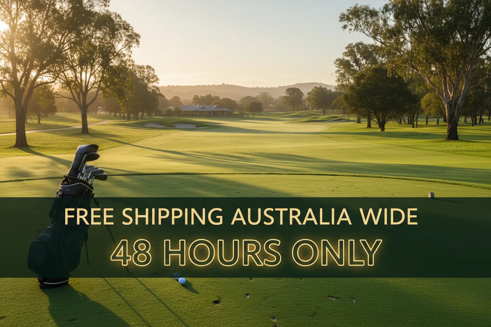Golf course with a golf bag and club on a green grass field, trees in the background, and promotional text overlay.