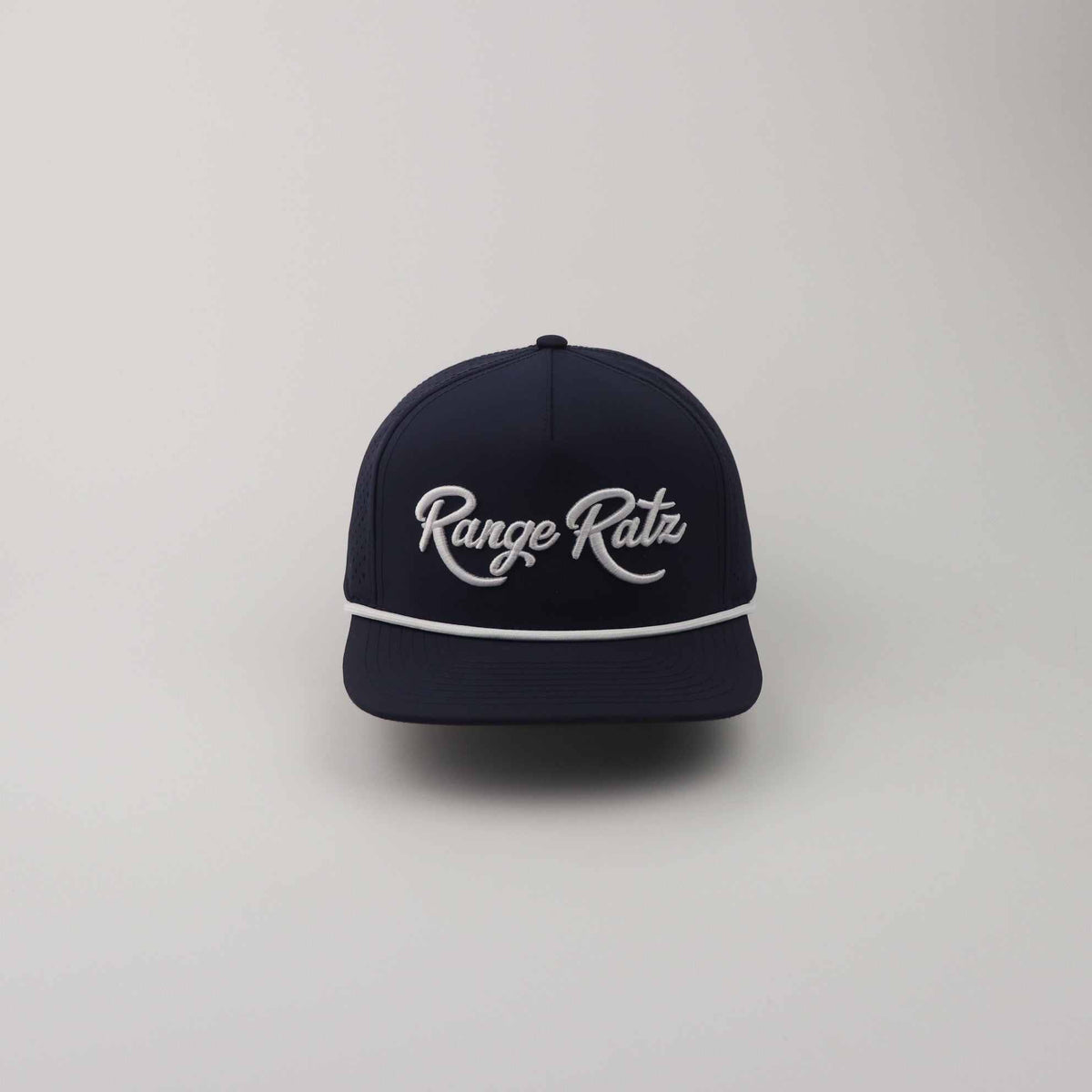 Navy Blue Golf Snapback Hat with white 3D Range Ratz embroidery, curved brim, rope detail, and structured crown