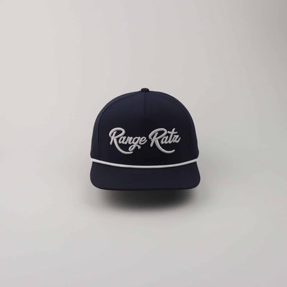 Navy Blue Golf Snapback Hat with white 3D Range Ratz embroidery, curved brim, rope detail, and structured crown