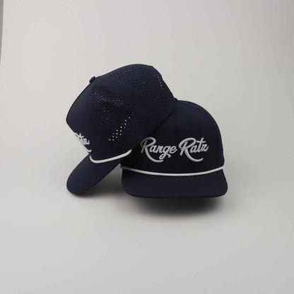 Navy Blue Golf Snapback Hat with white Range Ratz 3D embroidery, perforated polyester panels, and white rope detail on curved brim