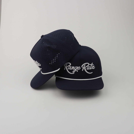 Navy Blue Golf Snapback Hat with white Range Ratz 3D embroidery, perforated polyester panels, and white rope detail on curved brim