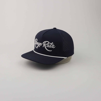 Navy Blue Golf Snapback Hat with white Range Ratz 3D embroidery, perforated polyester panels, and rope detail on curved brim